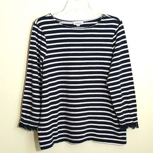 Beach Lunch Lounge collection  navy and white stripe boatneck 3/4 sleeve top. LG